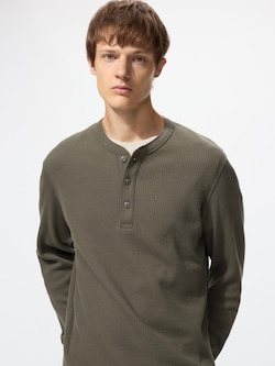 Waffle Henley Neck T-Shirt Long Sleeve