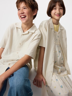 Linen Blend Open Collar Shirt Short Sleeve