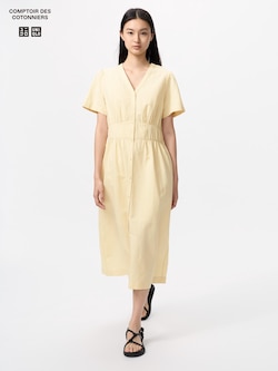 Linen Blend V Neck Dress Short Sleeve