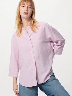 Linen Blend Band Collar Shirt 3/4 Sleeve Shirt