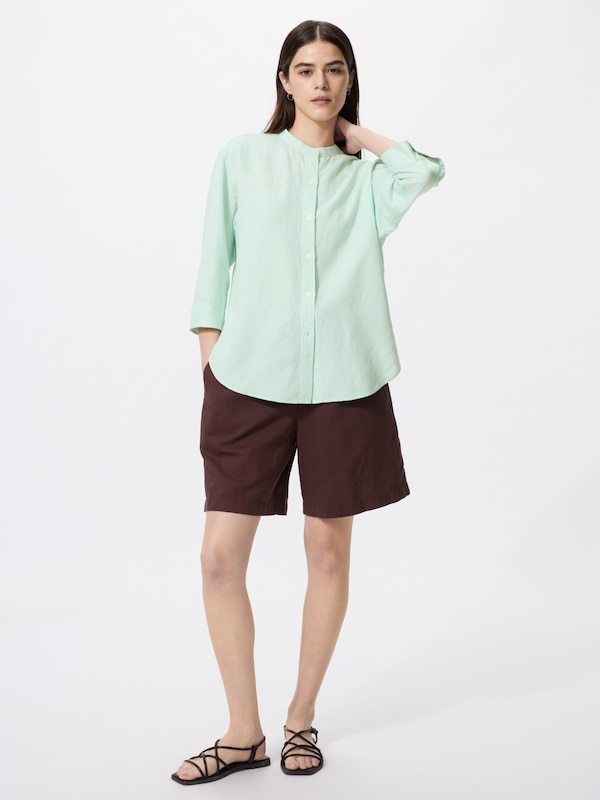 Linen Blend Band Collar Shirt 3/4 Sleeve Shirt