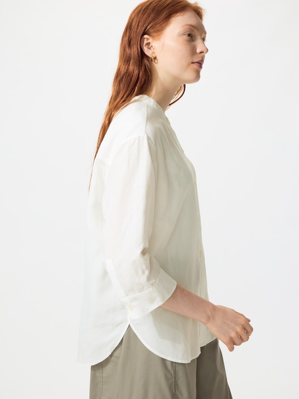 Linen Blend Band Collar Shirt 3/4 Sleeve Shirt