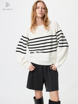 3D Knit Cotton Crew Neck Volume Sleeve Sweater