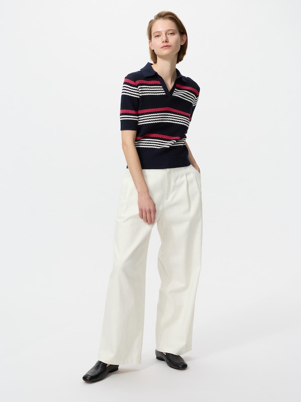 Cotton Pointelle Skipper Polo Sweater