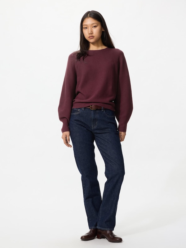 3D Knit Cotton Crew Neck Volume Sleeve Sweater