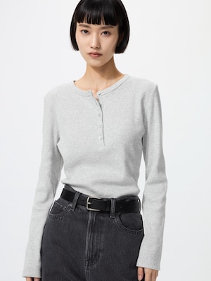 Ribbed Henley Neck T-Shirt Long Sleeve
