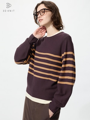 3D Knit Cotton Crew Neck Volume Sleeve Sweater