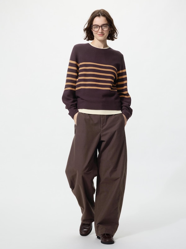 3D Knit Cotton Crew Neck Volume Sleeve Sweater