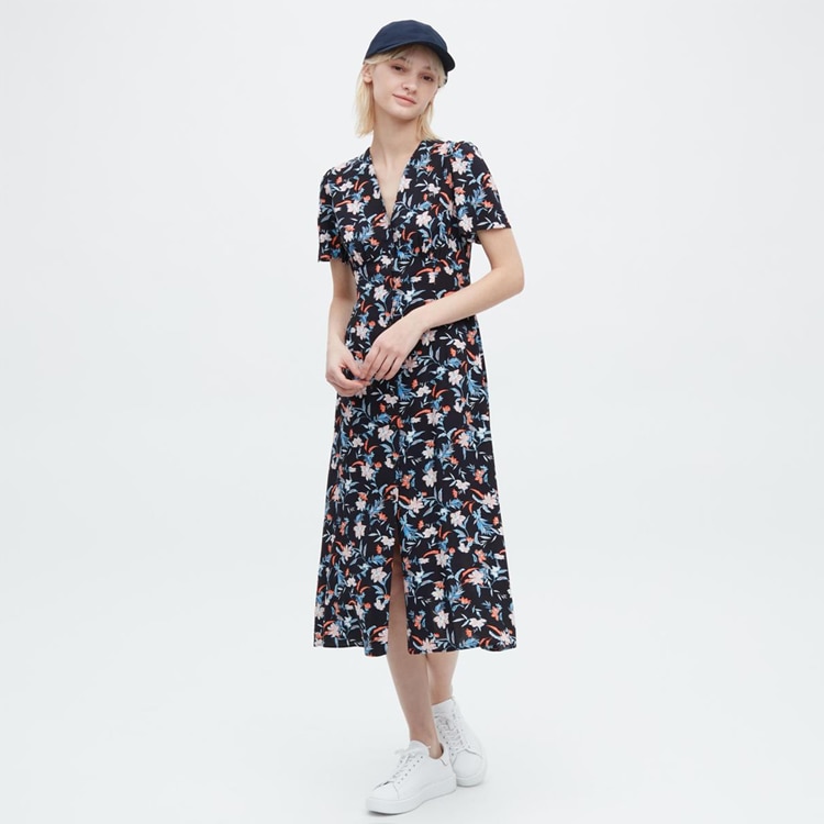 Printed V Neck Short Sleeve Flare Dress