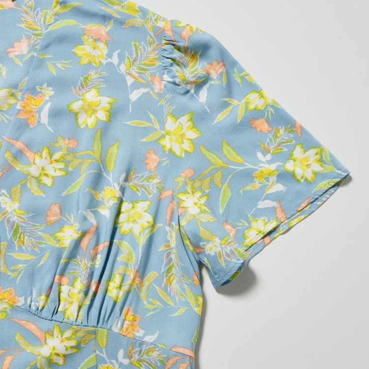 Printed V Neck Short Sleeve Flare Dress