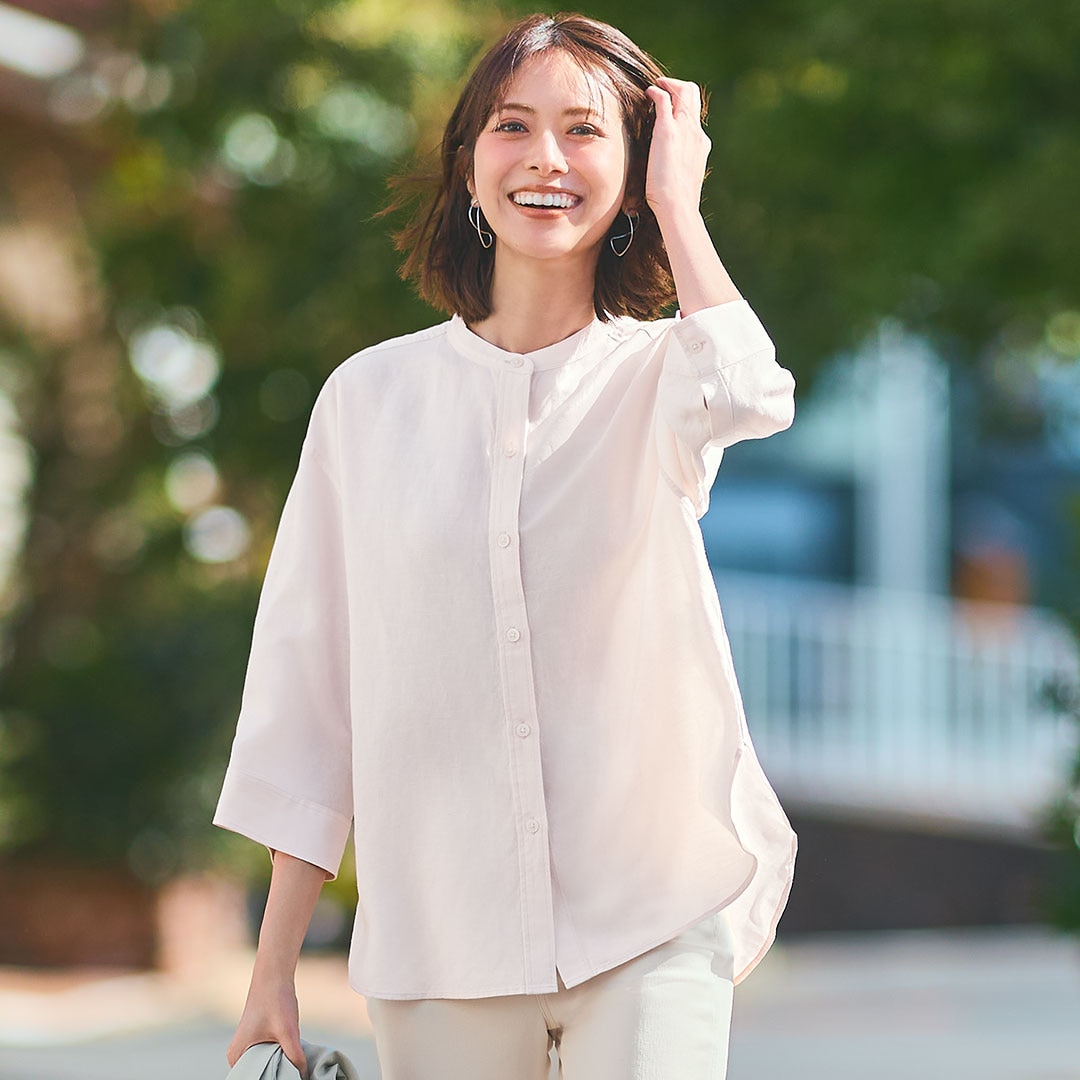 Linen blend band collar shirt