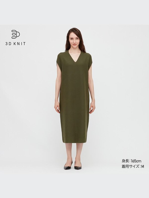 3DコットンVネックコクーンワンピース（半袖・ロング丈・106.5～117cm）