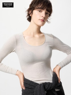 極暖ヒートテックカシミヤブレンドリブクルーネックT