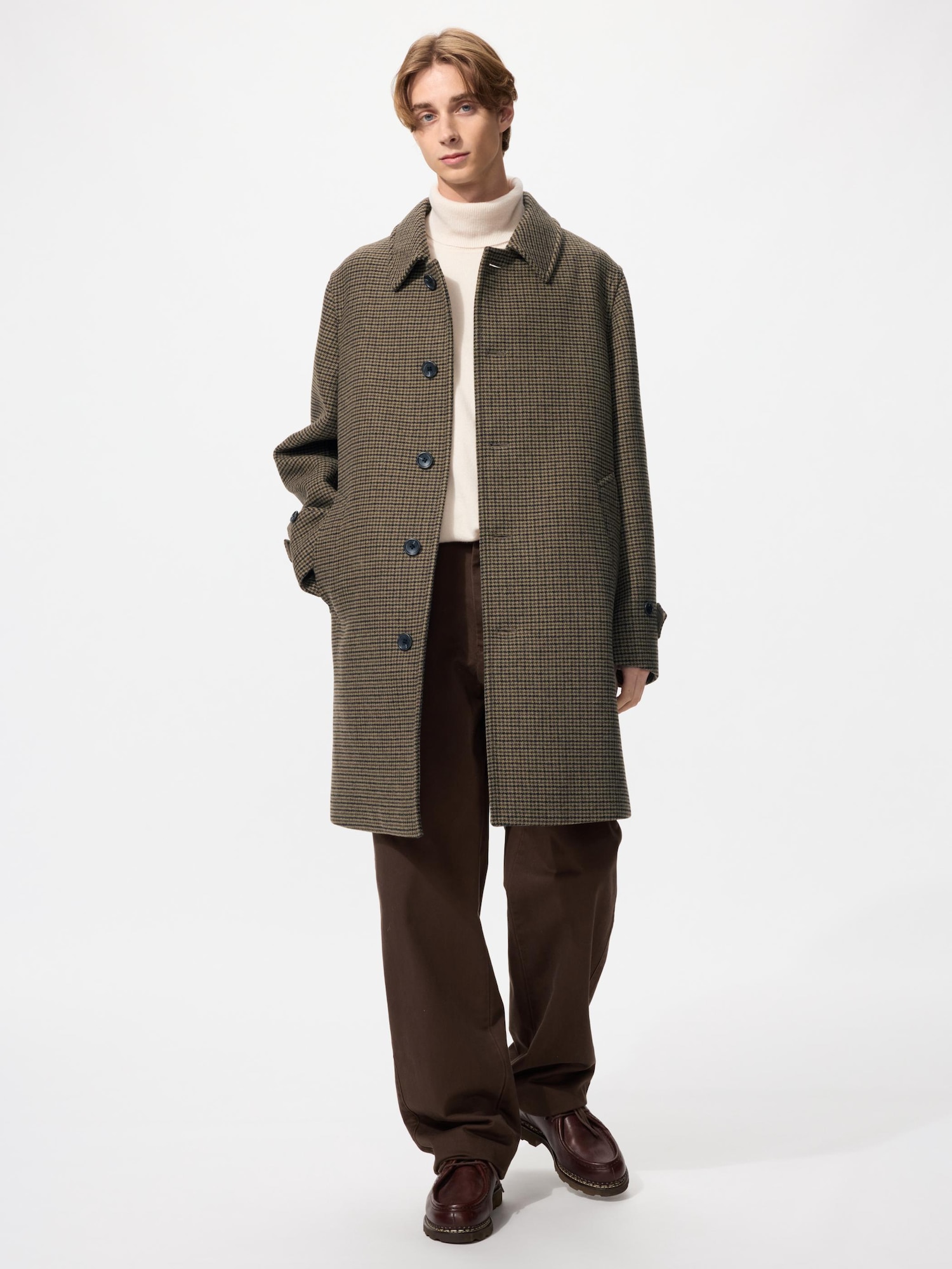 UNIQLO ユニクロ　シングルブレストコート　チェックコートL ダークブラウン ユニクロ公式 | シングルブレストコート