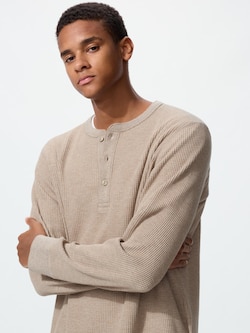 ワッフルヘンリーネックTシャツ/長袖