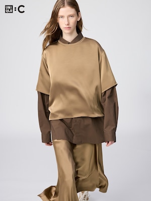 サテンオーバーサイズショートブラウス/5分袖