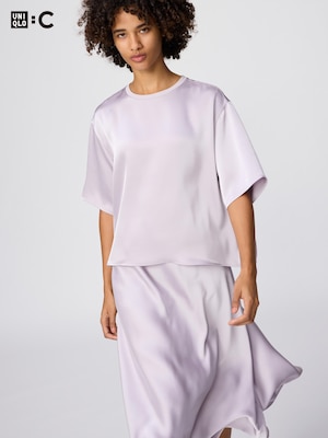 サテンオーバーサイズショートブラウス/5分袖