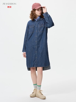 オープンカラーデニムシャツワンピース