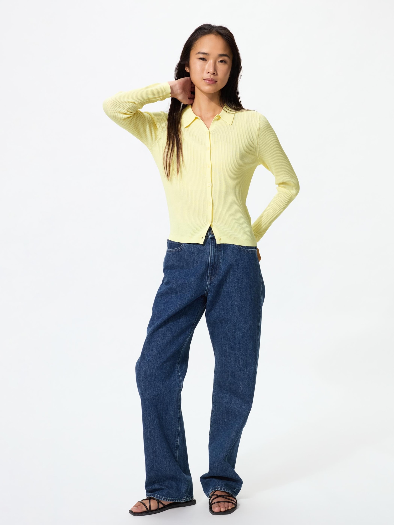 ユニクロ　イネス　リブポロカーディガン UNIQLO - ユニクロ イネス リブポロカーディガン（半袖） ネイビー L
