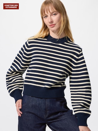 コットンブレンドクロップドクルーネックセーター