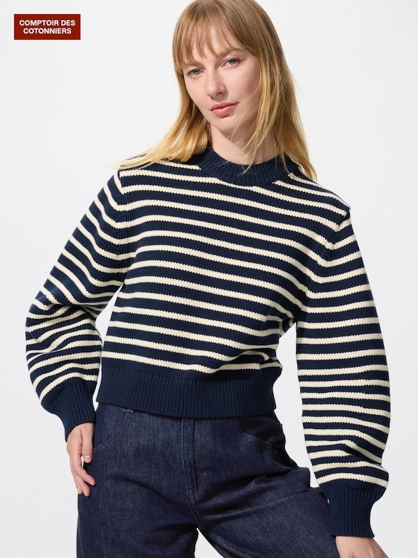 コットンブレンドクロップドクルーネックセーター