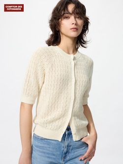 リネンクルーネックカーディガン/5分袖