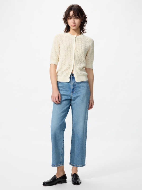 リネンクルーネックカーディガン/5分袖