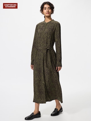 レーヨンプリントロングワンピース長袖