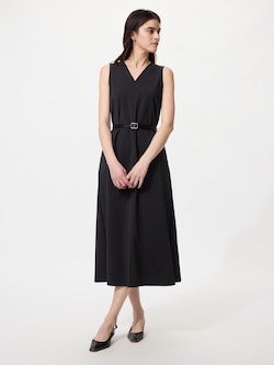 ウルトラストレッチVネックワンピースノースリーブ/丈長め