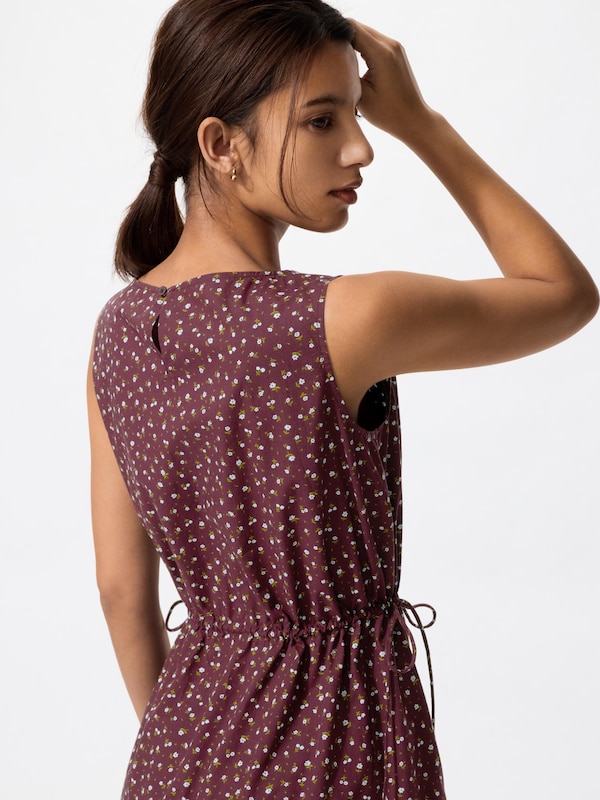 ウエストギャザーワンピースノースリーブ/フラワー/丈短め