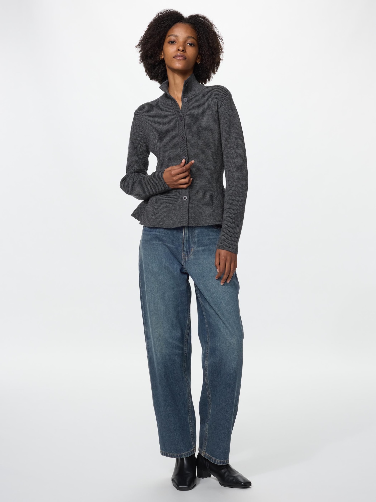 UNIQLO リブペプラムカーディガン 半袖 グレー S ユニクロ公式 | メリノペプラムカーディガン(レディース)