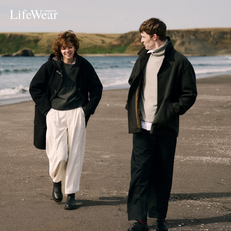 models wearing Duffle Coat, Soufflé Yarn Crew Neck Jumper and Corduroy Volume Trousers and Wool Blend Short Coat, 100% Cashmere Turtleneck Jumper, Oxford Shirt and Brushed Jersey Trousers