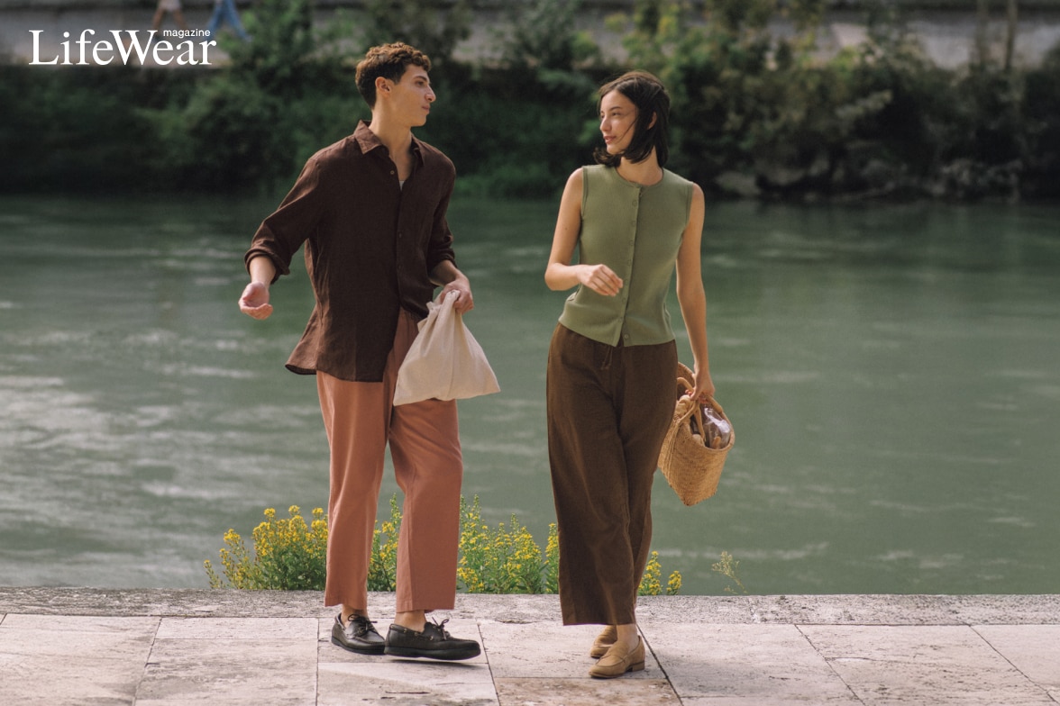 two models wearing uniqlo linen clothing while in Rome