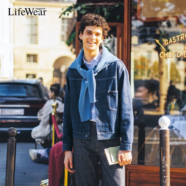 Axel Cardoso wearing Denim Trucker Jacket, Broadcloth Regular Fit Shirt, Selvedge Straight Jeans, Colourful 50 Socks and Washable Milano Ribbed Crew Neck Jumper