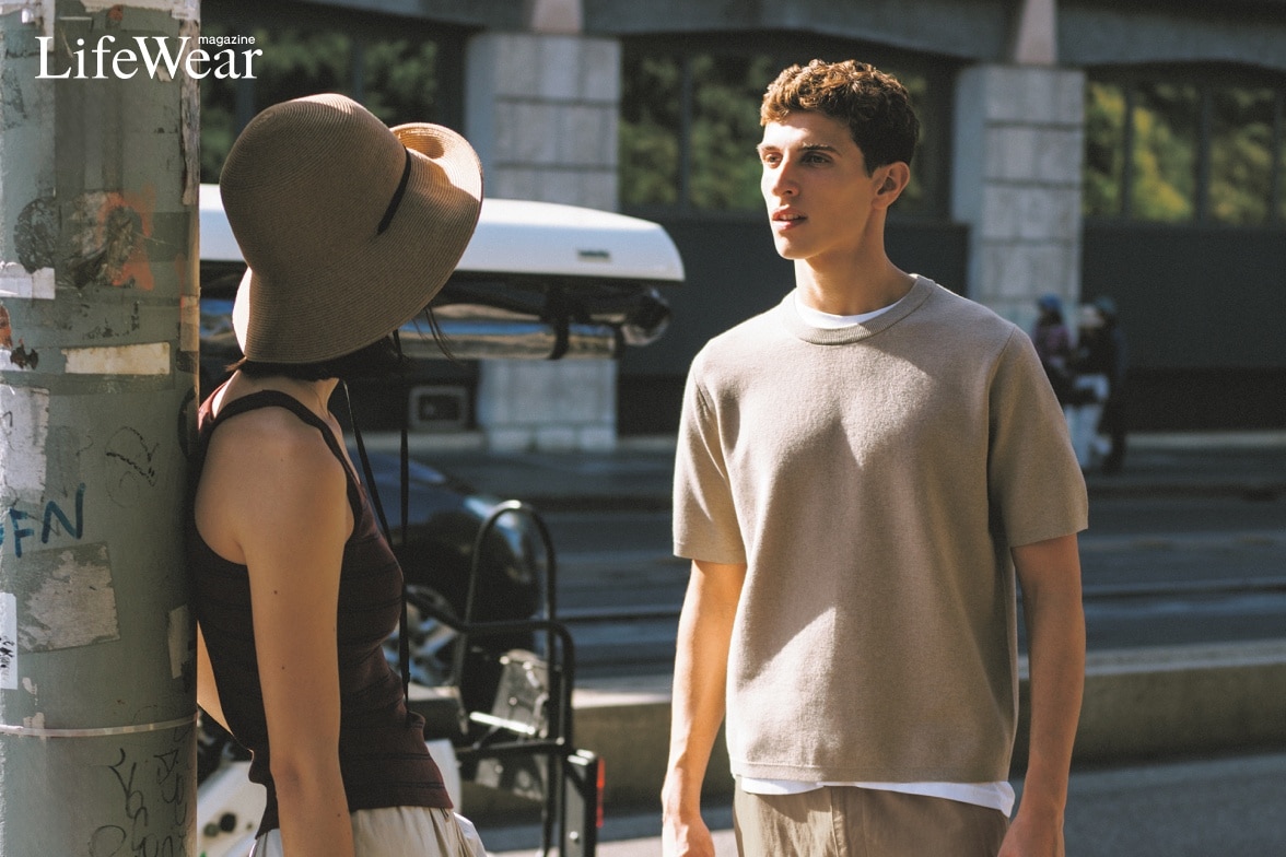 models wearing Ribbed Racer Back Bra Top, Linen Blend Easy Shorts, UV Protection Adjustable Paper Braid Hat and Washable Milano Ribbed Knit T-Shirt, Linen Blend Relaxed Trousers and DRY Colour Crew Neck T-Shirt