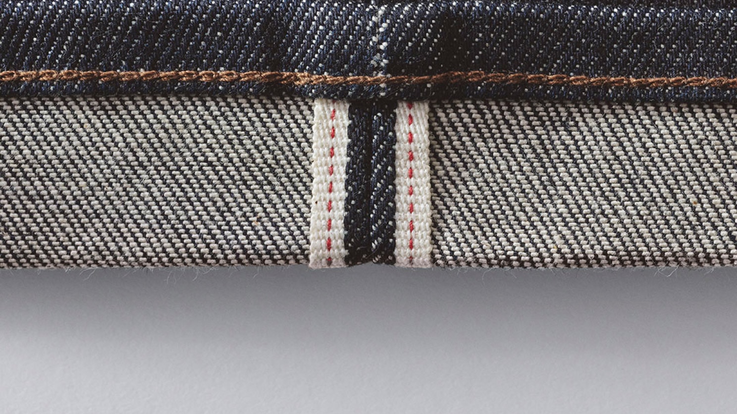 close-up of the turned up hem of a pair of selvedge jeans to show the signature red ear selvedge