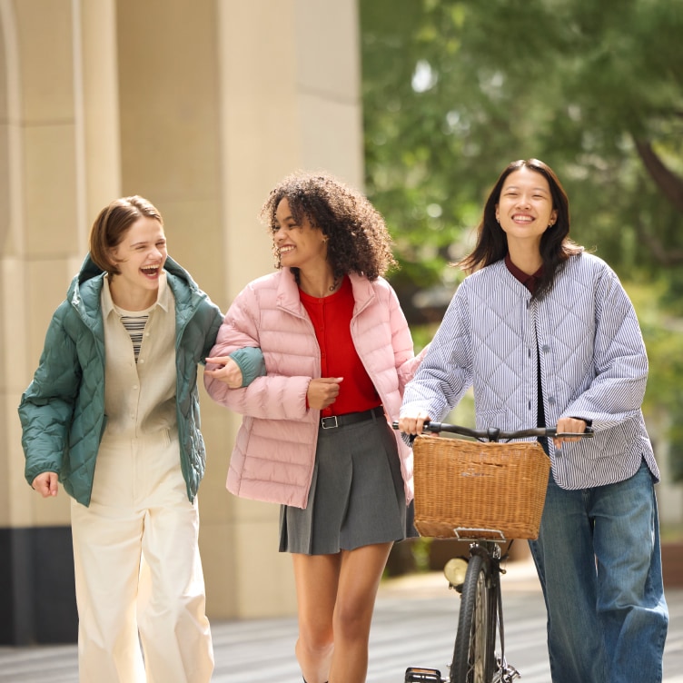 three models wearing Uniqlo Puffertech jackets