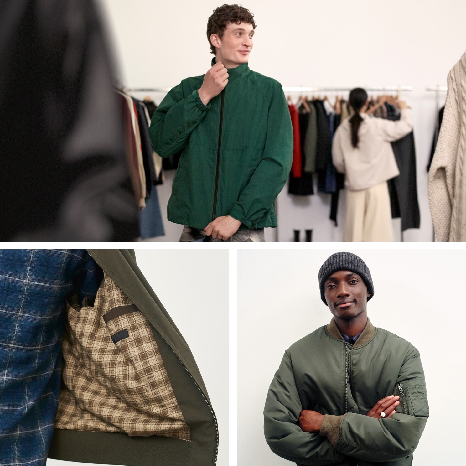 collage of three models wearing uniqlo jackets