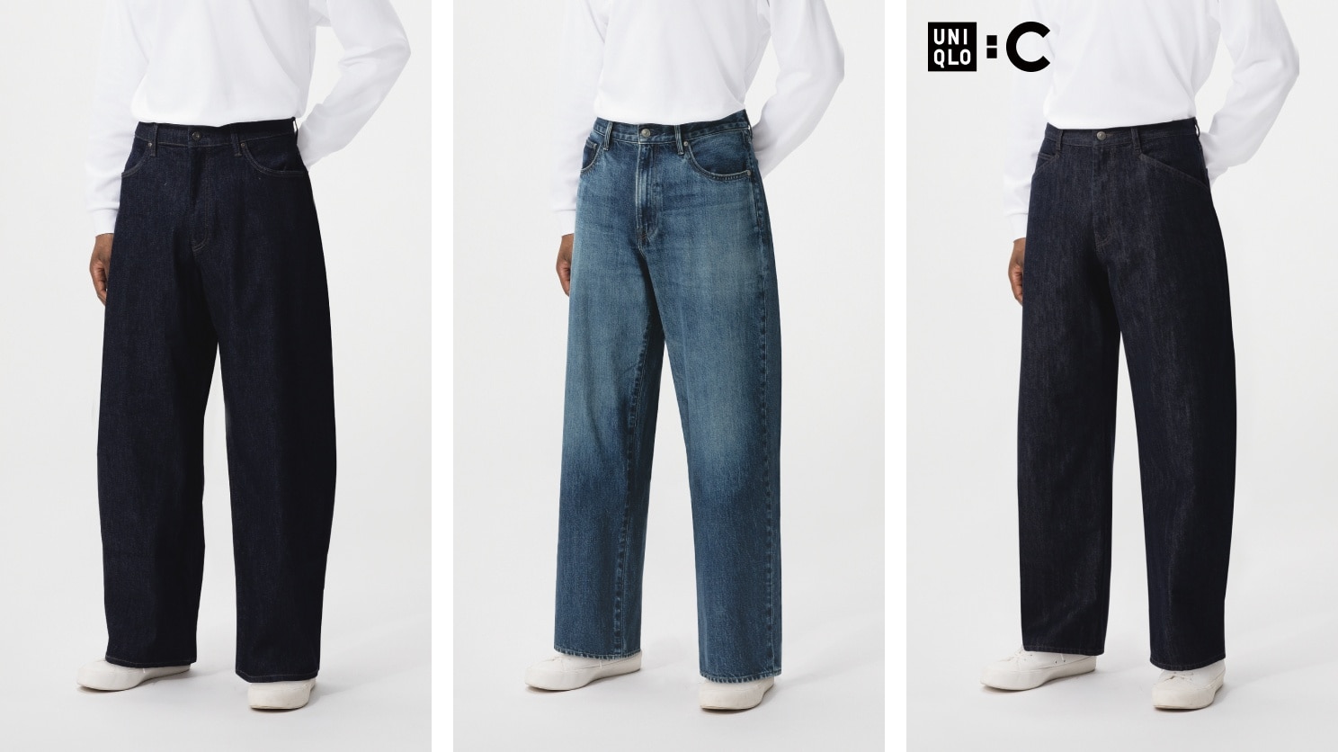 three pairs of baggy and wide fit jeans shown side by side on models