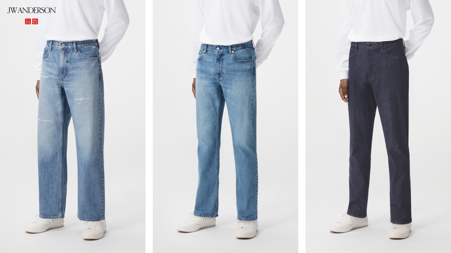 three pairs of regular and slim fit jeans shown side by side on models