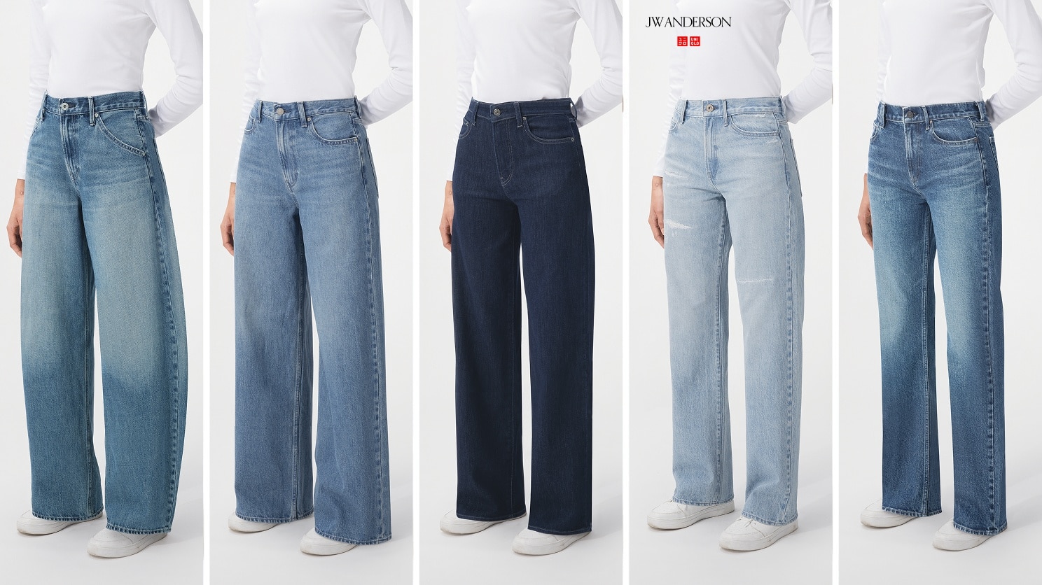 five pairs of baggy, regular, slim and wide fit jeans shown side by side on models