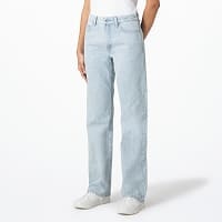 model wearing Straight Jeans in blue with a white T-shirt