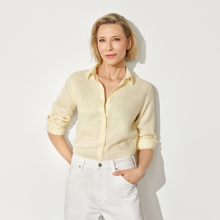 유니클로 글로벌 엠버서더 케이트 블란쳇의 린넨 셔츠 스타일링 이미지