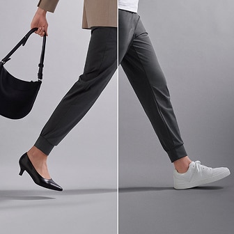 side by side shots of model wearing Ultra Stretch Joggers in casual and sporty looks made to look like one shot