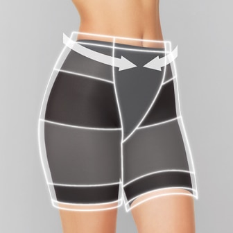 model wearing shaper shorts with arrows indicating support around the hips