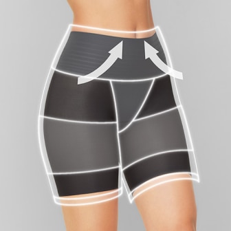 model wearing shaper shorts with arrows indicating support around the stomach