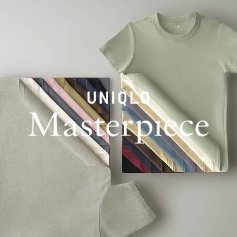a pile of Crew Neck T-Shirts folded back to reveal all the different colours overlaid with the words uniqlo masterpiece