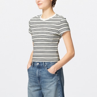 model wearing striped Mini T-shirt with jeans