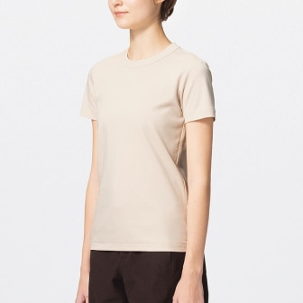 model wearing beige Crew Neck T-Shirt