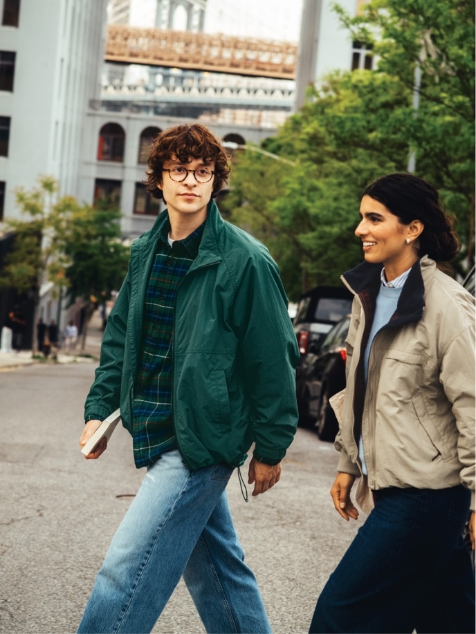 Max Kolo and Teya Kepila wearing Windproof Stand Collar Blouson, Flannel Shirt and Straight Jeans and Fleece Lined Stand Jacket, 100% Cashmere Crew Neck Jumper, Oxford Boxy Shirt and Baggy Barrel Leg Jeans